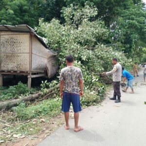 Pastikan Pengguna Jalan Aman, Bhabinkamtibmas Bersama Pemerintah dan Masyarakat Desa Seloto Gelar Gotong Royong